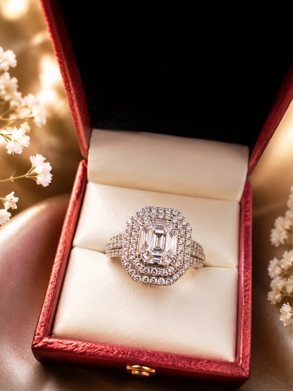 10k WHITE GOLD EMERALD DIAMOND WITH DOUBLE HALO RING SIZE 8 ENGAGEMENT TIMELESS